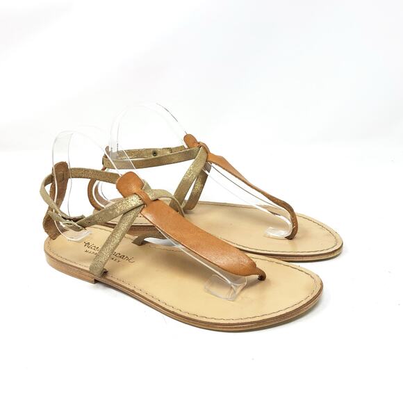 Niccolo Vacari Thong Sandals Tan Leather Gold Made in Italy 10 Flat Minimalist - Picture 1 of 9
